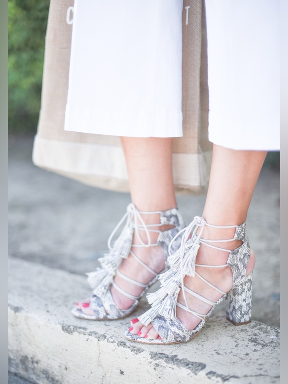 Loeffler Randall Heels Leather Cream Gray Snakeskin Snake Tassels 7.5